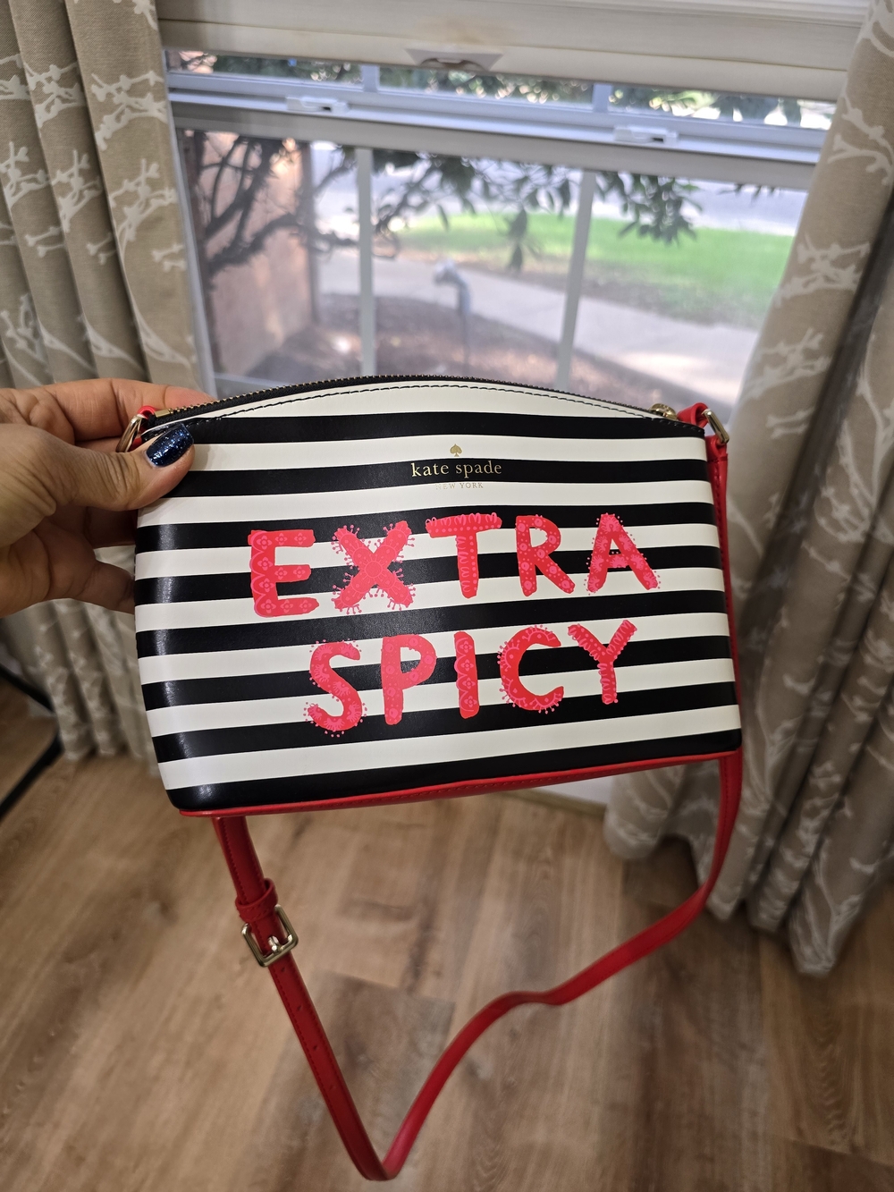 kate spade Extra Spicy Black & White Striped Crossbody with Pink Accents